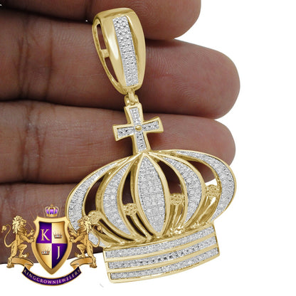 Real Genuine Diamond Kings Crown Cross Pave Charm Pendent 10K Yellow Gold Finish