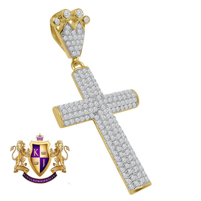 Real Yellow Gold Sterling Silver Simulated Diamond Jesus Cross Crown Pendent Charm 2.5''