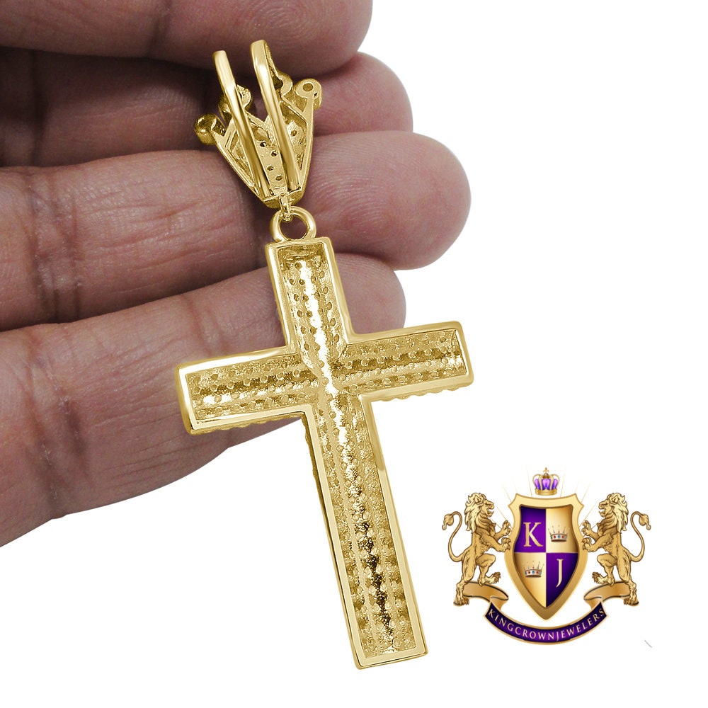 Real Yellow Gold Sterling Silver Simulated Diamond Jesus Cross Crown Pendent Charm 2.5''