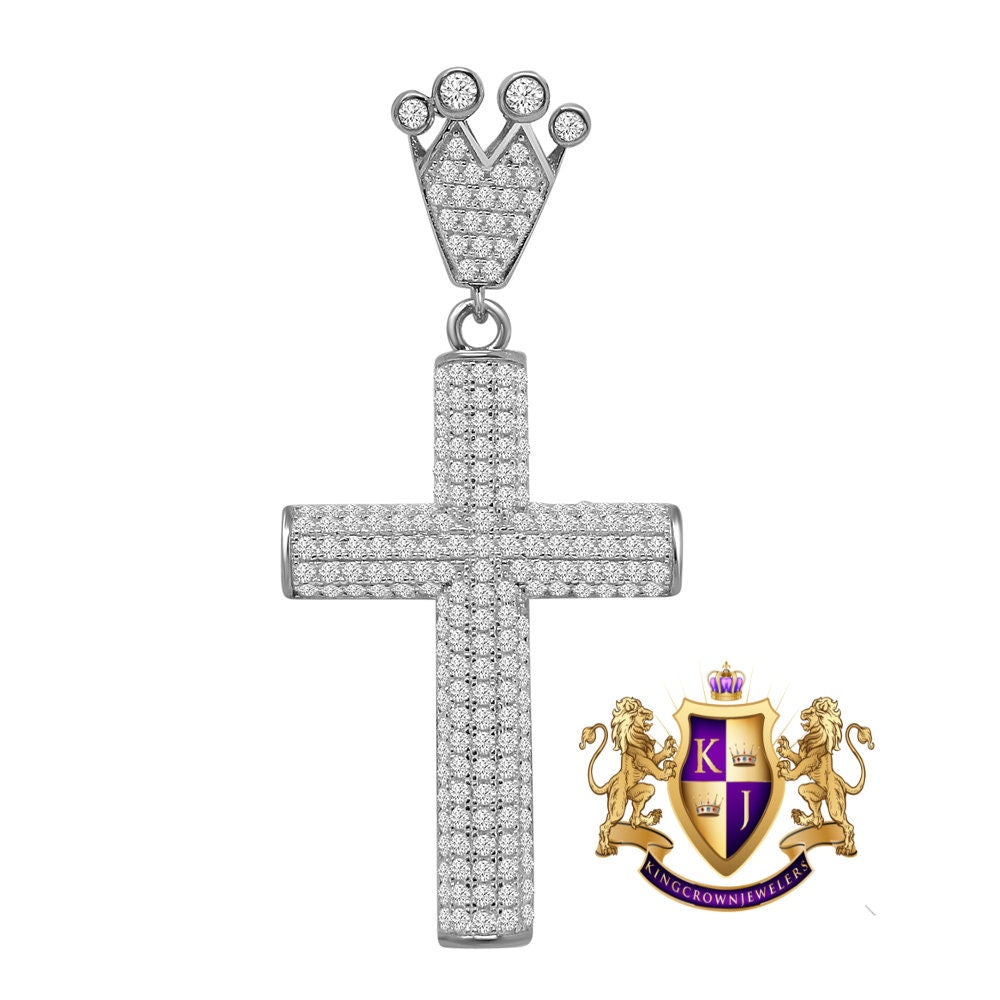 Real White Gold On Genuine Sterling Silver Simulated Diamond Jesus Cross Crown Pendent Charm 2.5''