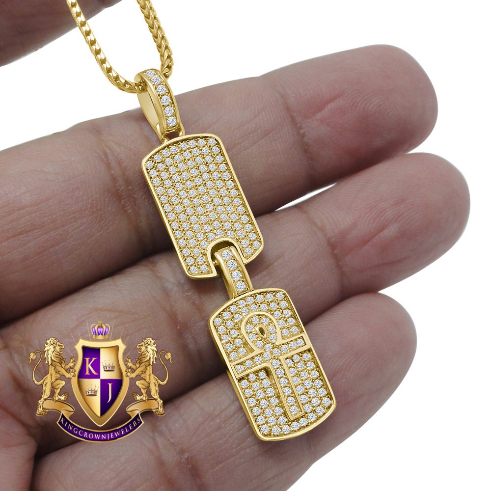 Real Sterling Silver Yellow Gold Tone Simulated Diamond Double Dog Tad Egyptian Ankh Cross Charm Pendent Chain Set