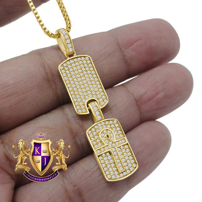 Real Sterling Silver Yellow Gold Tone Simulated Diamond Double Dog Tad Egyptian Ankh Cross Charm Pendent Chain Set
