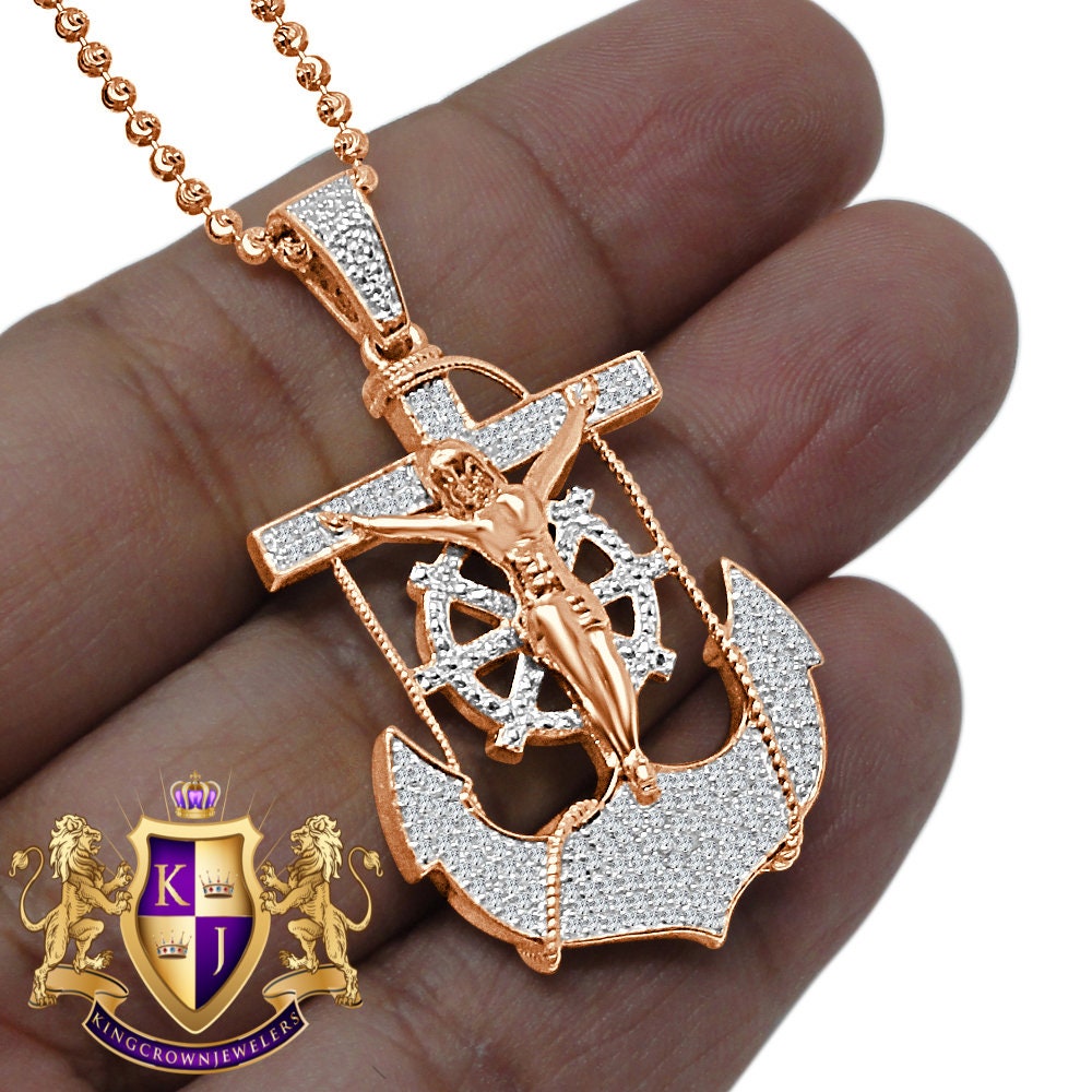 Real Genuine Diamond Jesus Anchor Cross Crucifix Piece Pendant Charm Chain Set 10K Rose Gold Finish