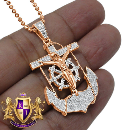 Real Genuine Diamond Jesus Anchor Cross Crucifix Piece Pendant Charm Chain Set 10K Rose Gold Finish