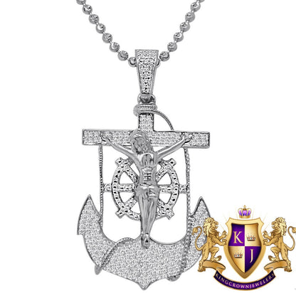 Real Genuine Diamond Jesus Anchor Cross Crucifix Piece Pendant Charm Chain Set 10K White Gold Finish