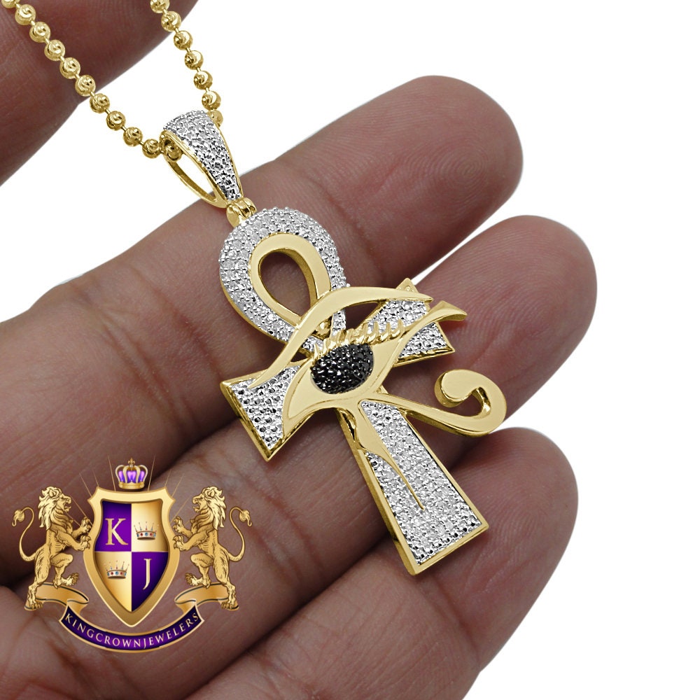 Real Genuine Diamond Evil Eye Egyptian Ankh Cross Pendent Charm Chain 10K Gold Finish