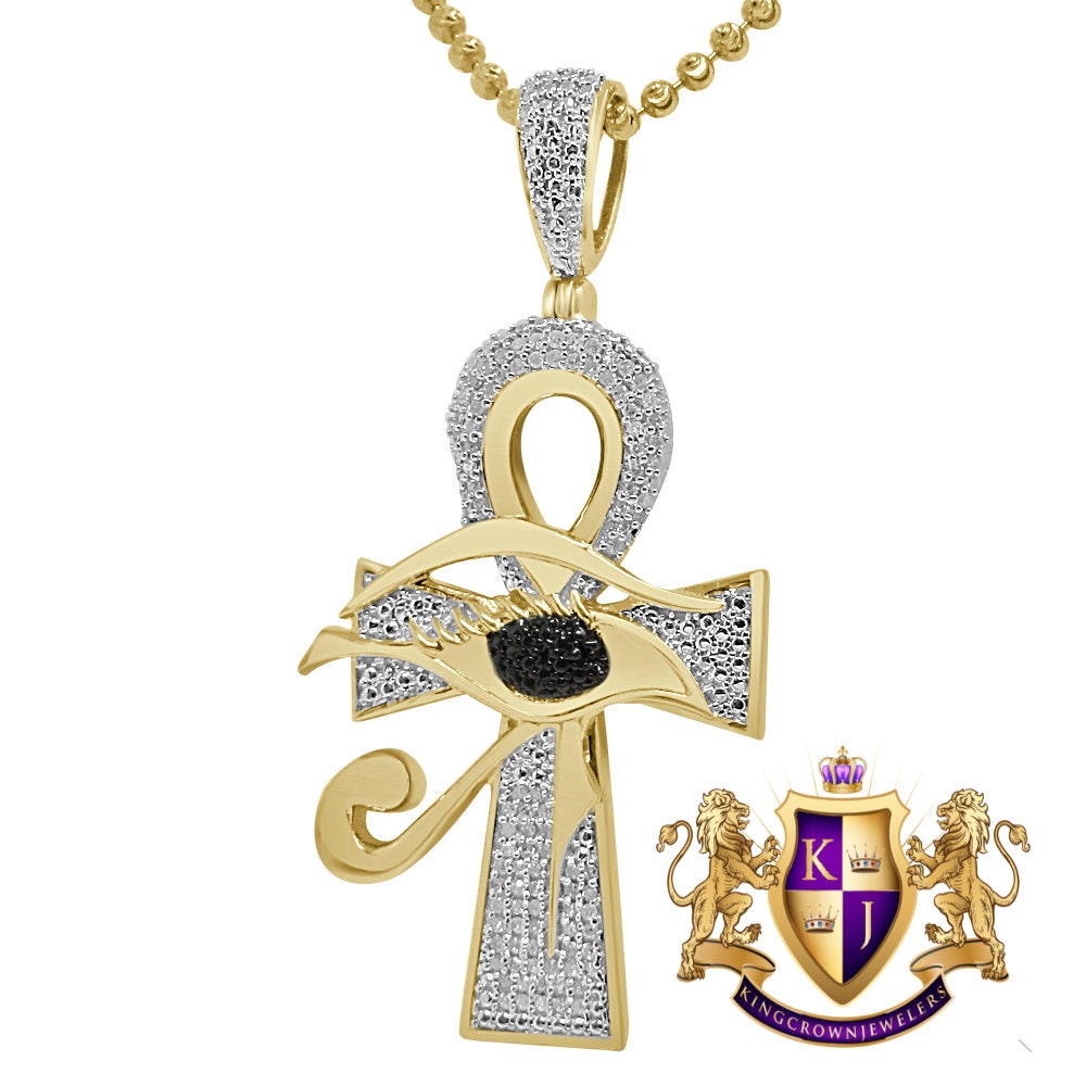 Real Genuine Diamond Evil Eye Egyptian Ankh Cross Pendent Charm Chain 10K Gold Finish