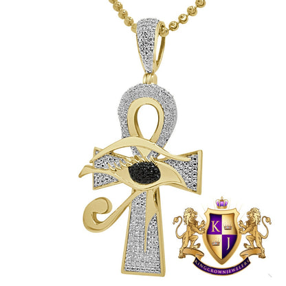 Real Genuine Diamond Evil Eye Egyptian Ankh Cross Pendent Charm Chain 10K Gold Finish