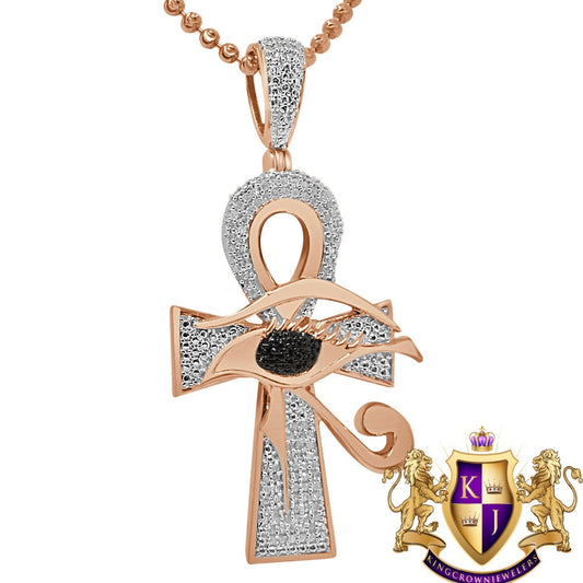 Real Genuine Diamond Evil Eye Egyptian Ankh Cross Pendent Charm Chain 10K Rose Gold Finish