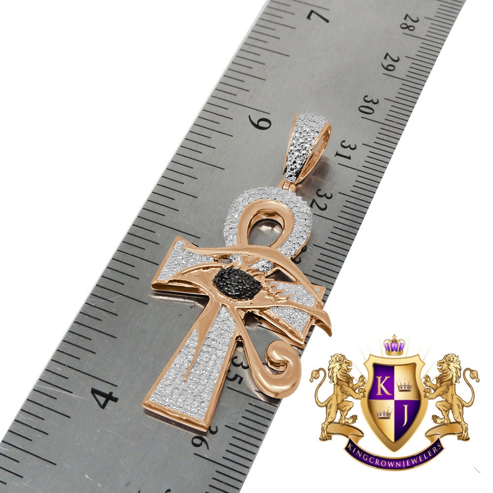 Real Genuine Diamond Evil Eye Egyptian Ankh Cross Pendent Charm Chain 10K Rose Gold Finish
