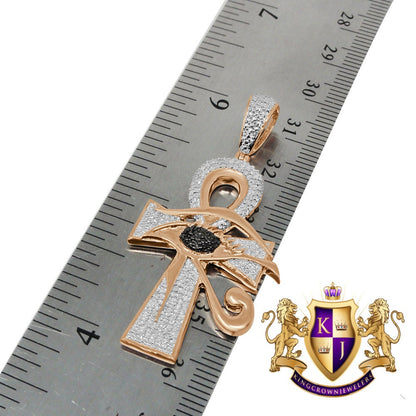 Real Genuine Diamond Evil Eye Egyptian Ankh Cross Pendent Charm Chain 10K Rose Gold Finish