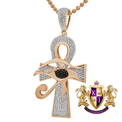 Real Genuine Diamond Evil Eye Egyptian Ankh Cross Pendent Charm Chain 10K Rose Gold Finish