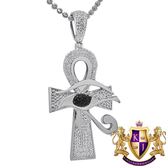 Real Genuine Diamond Evil Eye Egyptian Ankh Cross Pendent Charm Chain 10K White Gold Finish