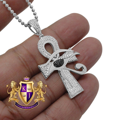 Real Genuine Diamond Evil Eye Egyptian Ankh Cross Pendent Charm Chain 10K White Gold Finish
