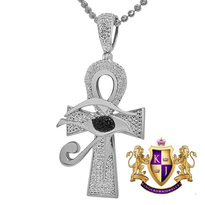 Real Genuine Diamond Evil Eye Egyptian Ankh Cross Pendent Charm Chain 10K White Gold Finish