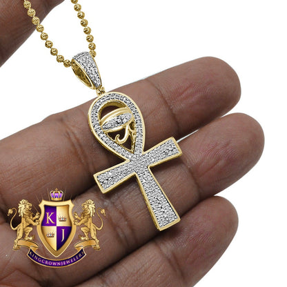 Genuine Diamond Horus Evil Eye Egyptian Ankh Cross Pendent Charm Chain Set 10K Gold Finish