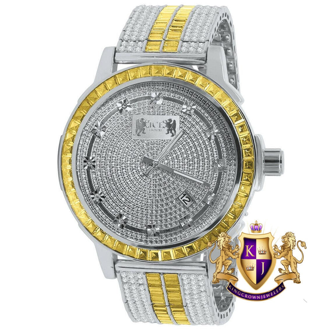 Lemonade Canary 18K White Gold Finish Real Diamond Dial Gold Finish Mens Custom Band Watch W/Date Solid Steel Bezel