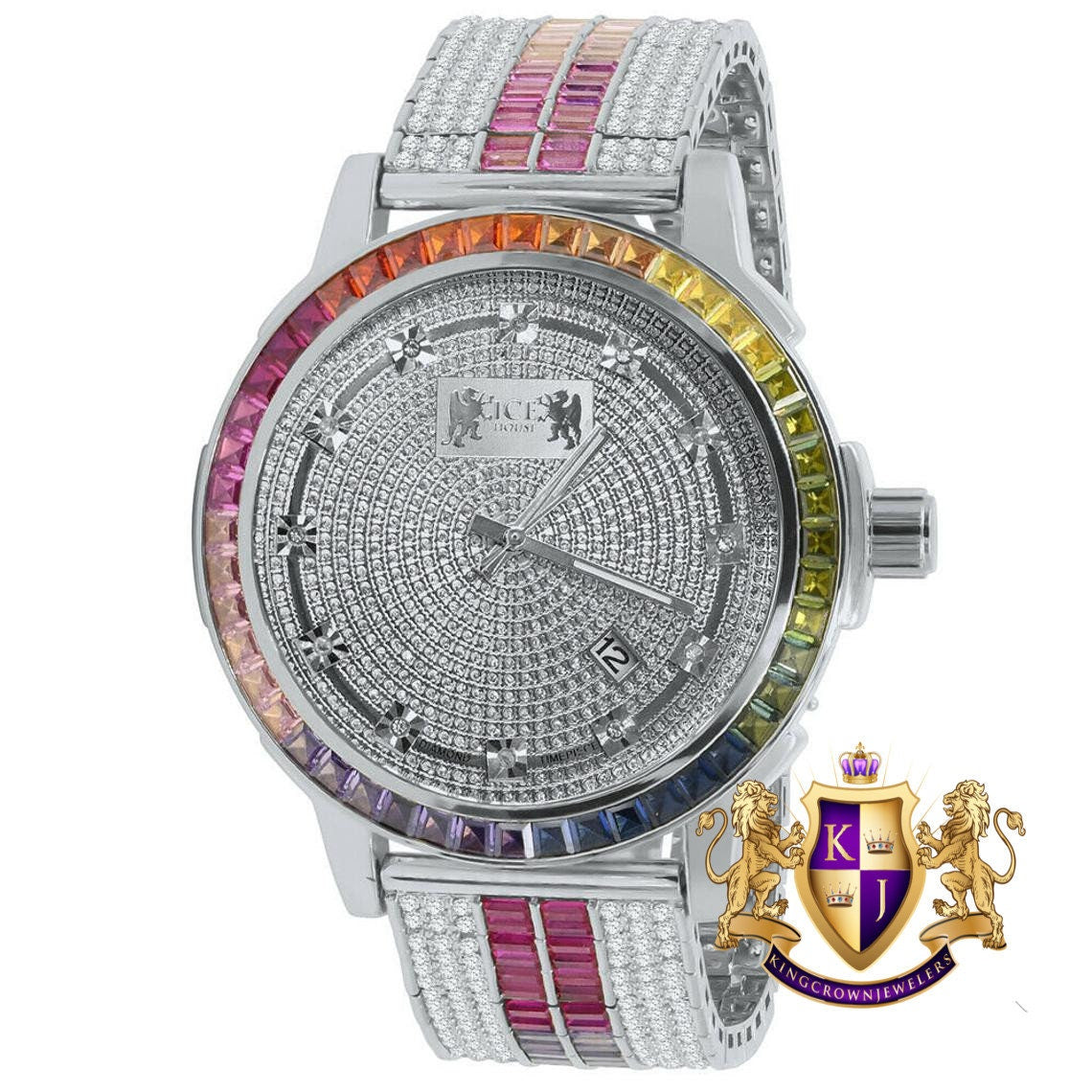 Solid Stainless Steel Bezel White Gold Finish Rainbow Multi Tone Mens Watch Real Diamond Dial W/Date Function