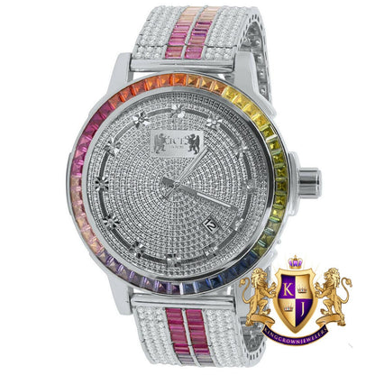 Solid Stainless Steel Bezel White Gold Finish Rainbow Multi Tone Mens Watch Real Diamond Dial W/Date Function
