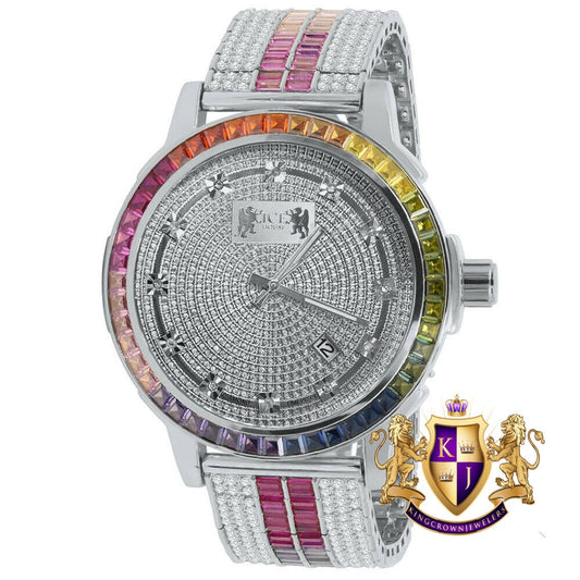 Solid Stainless Steel Bezel White Gold Finish Rainbow Multi Tone Mens Watch Real Diamond Dial W/Date Function