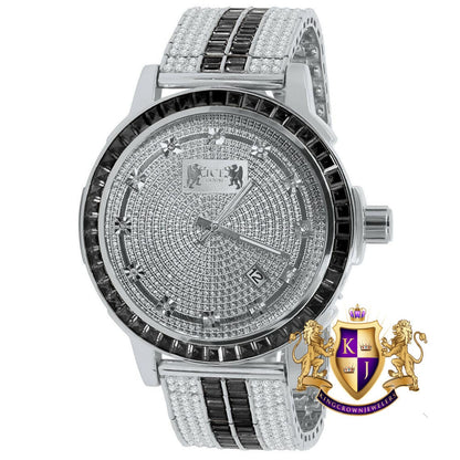 Exclusive Custom Watch Mens Black Onyx Real Diamond Dial Solid Steel Custom Bezel Band 18K White Gold Tone