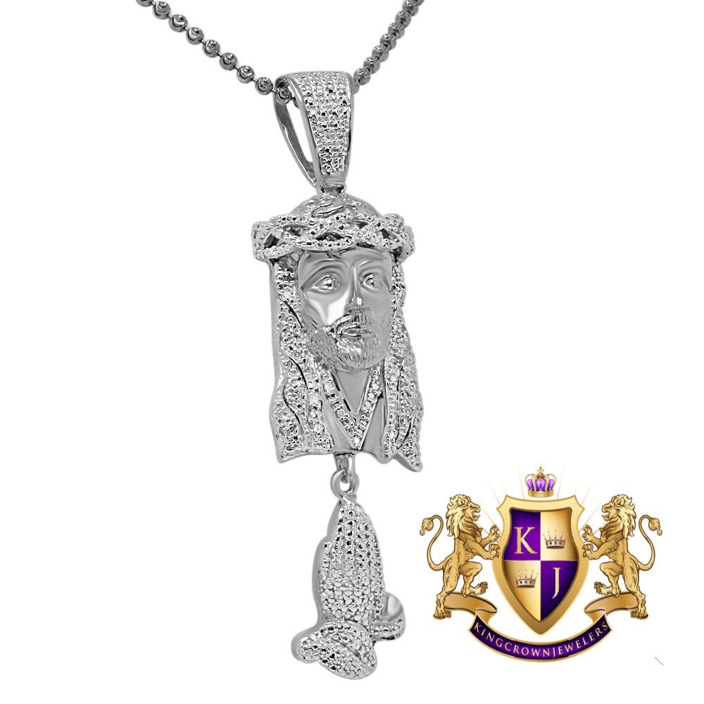Real Genuine Diamond Jesus Face Praying Hands Pendant Charm Chain Set 10K White Gold Finish