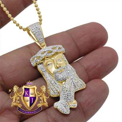 Genuine Authentic Diamond Jesus Face Praying Hands Pendant Charm Chain Set 10K Yellow Gold Finish