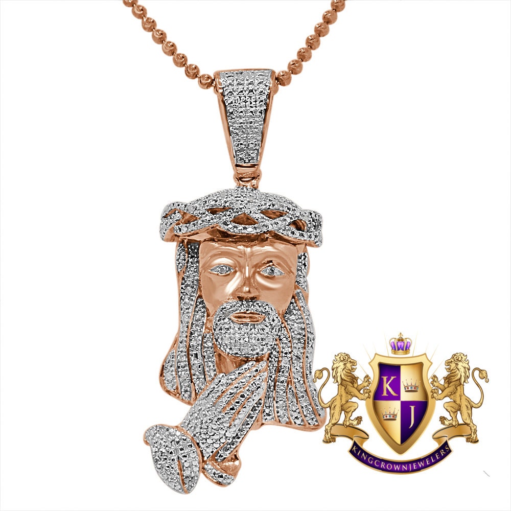 Genuine Authentic Diamond Jesus Face Praying Hands Pendant Charm Chain Set 10K Rose Gold Finish