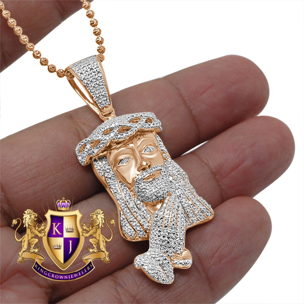 Genuine Authentic Diamond Jesus Face Praying Hands Pendant Charm Chain Set 10K Rose Gold Finish