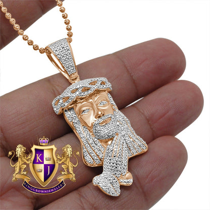 Genuine Authentic Diamond Jesus Face Praying Hands Pendant Charm Chain Set 10K Rose Gold Finish