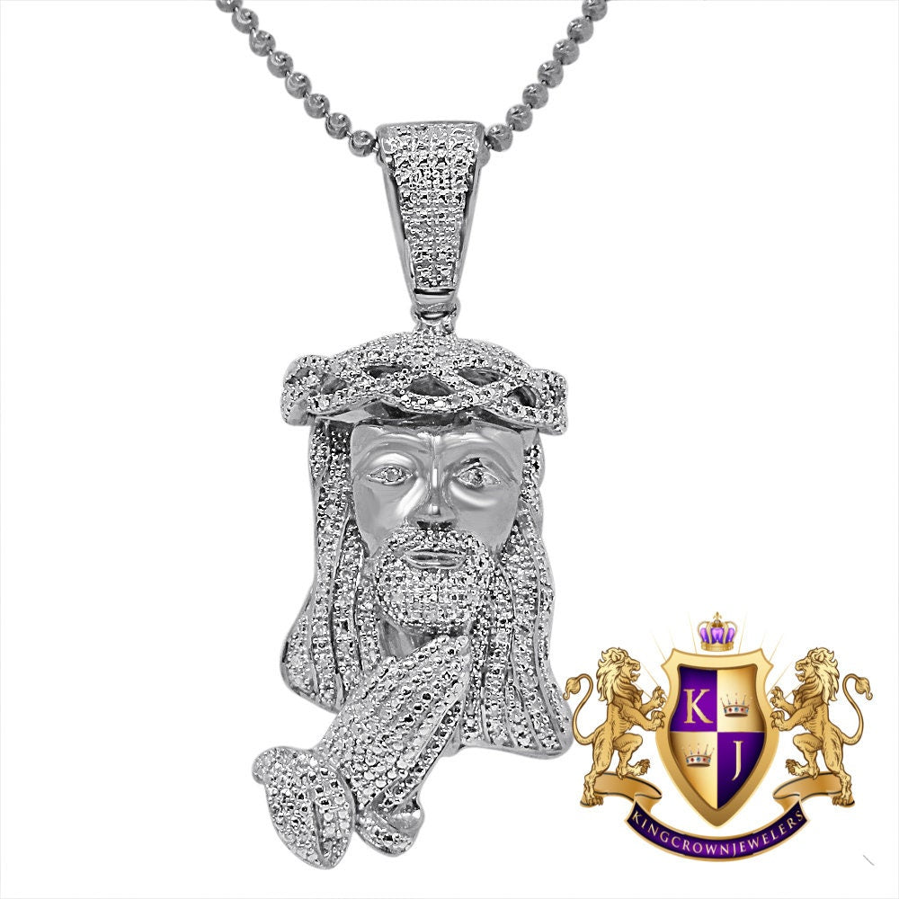Genuine Authentic Diamond Jesus Face Praying Hands Pendant Charm Chain Set 10K White Gold Finish