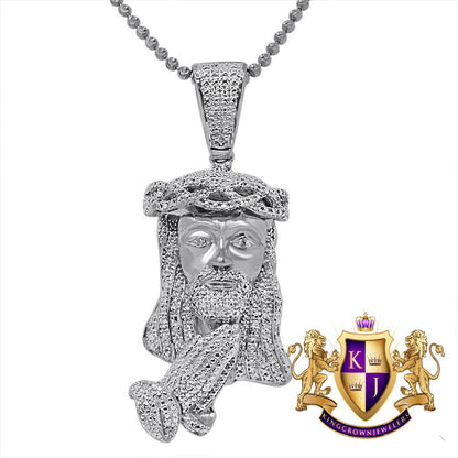 Genuine Authentic Diamond Jesus Face Praying Hands Pendant Charm Chain Set 10K White Gold Finish