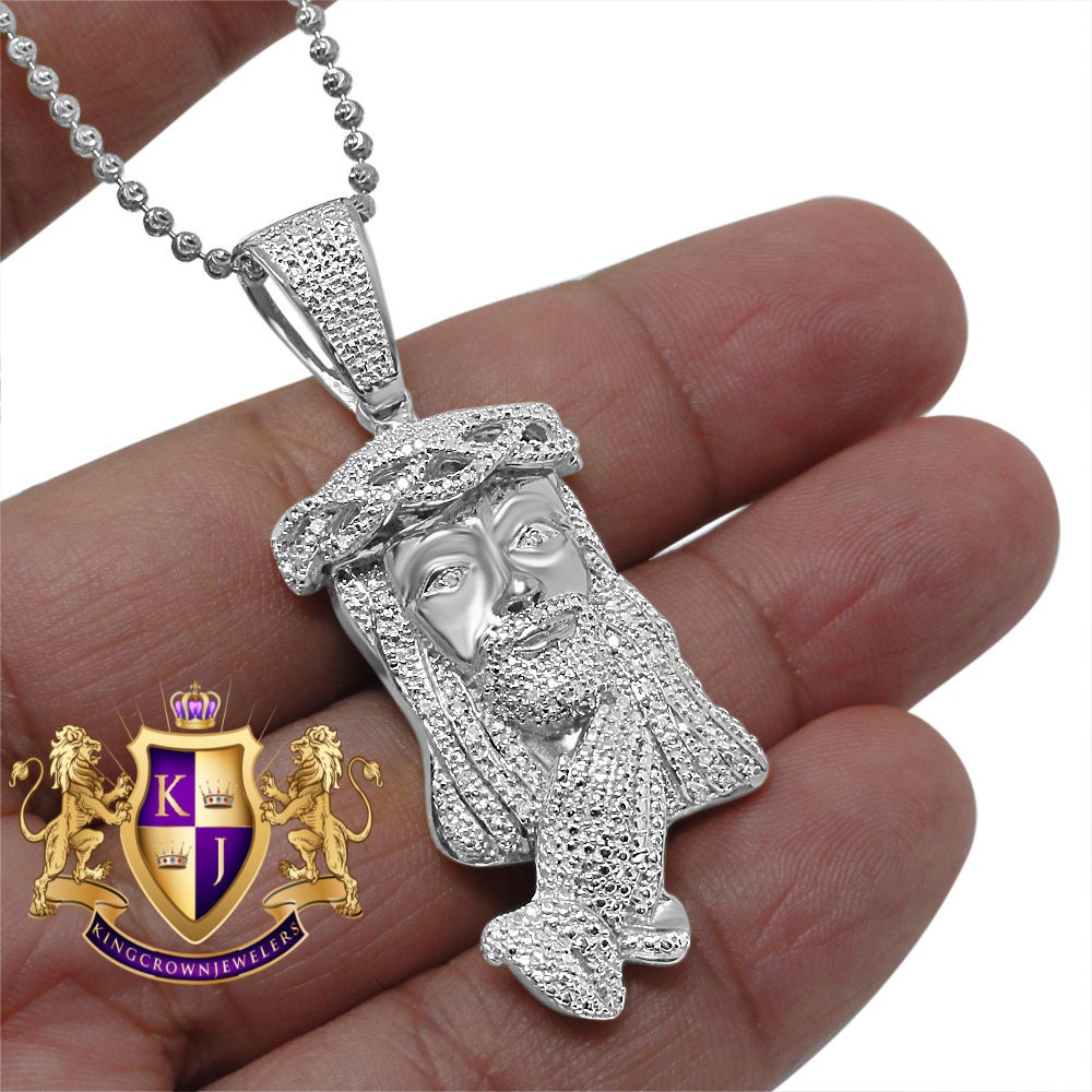 Genuine Authentic Diamond Jesus Face Praying Hands Pendant Charm Chain Set 10K White Gold Finish