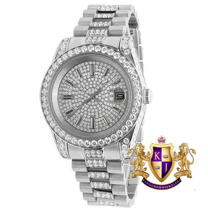 18K White Gold Solid Stainless Steel Simulated Diamond Presidential Watch 41MM