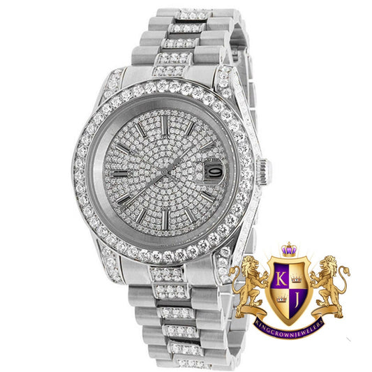 18K White Gold Solid Stainless Steel Simulated Diamond Presidential Watch 41MM