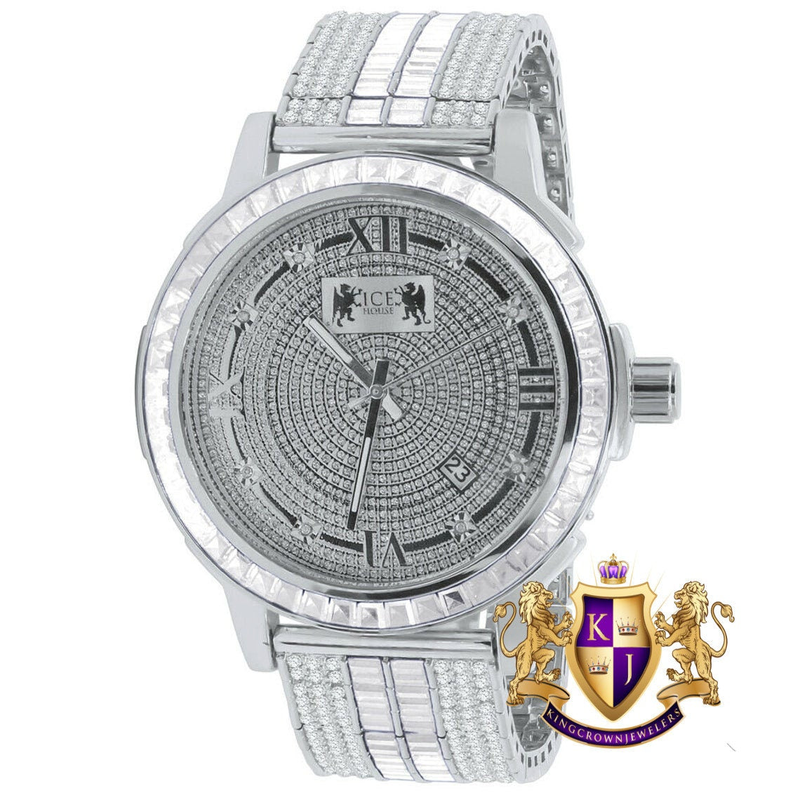 Custom Mens Watch 18K White Gold Finish Solid Stainless Steel Bezel W/Date Function Adjustable Band