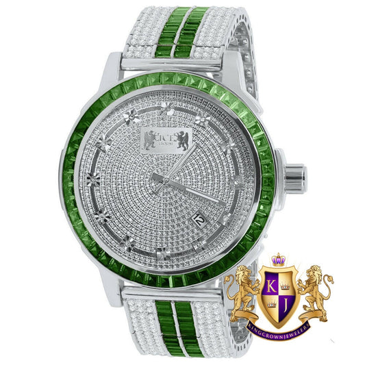 Solid Stainless Steel Baguette Solitaire Bezel Adjustable Custom Band Watch Emerald Green 18K White Gold finish