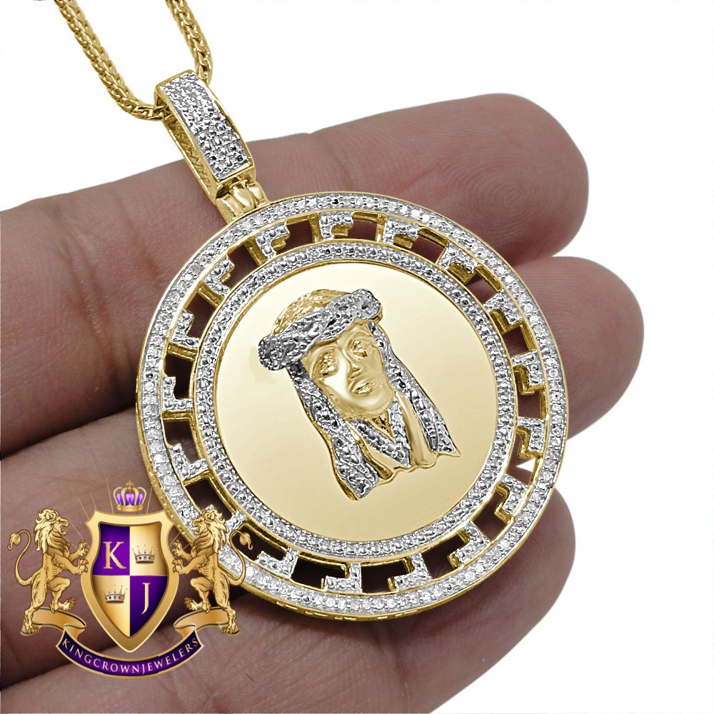 Real Genuine Diamond Jesus Face Piece 10K Yellow Gold Over Greek Round Charm Pendant Chain Set