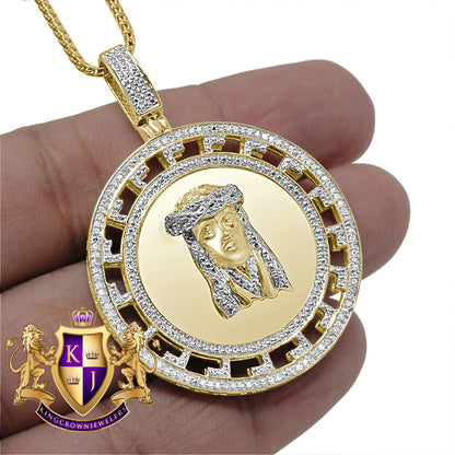 Real Genuine Diamond Jesus Face Piece 10K Yellow Gold Over Greek Round Charm Pendant Chain Set