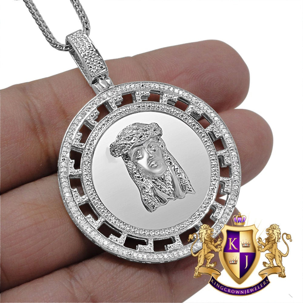 Real Genuine Diamond Jesus Face Piece 10K White Gold Over Greek Round Charm Pendant Chain Set