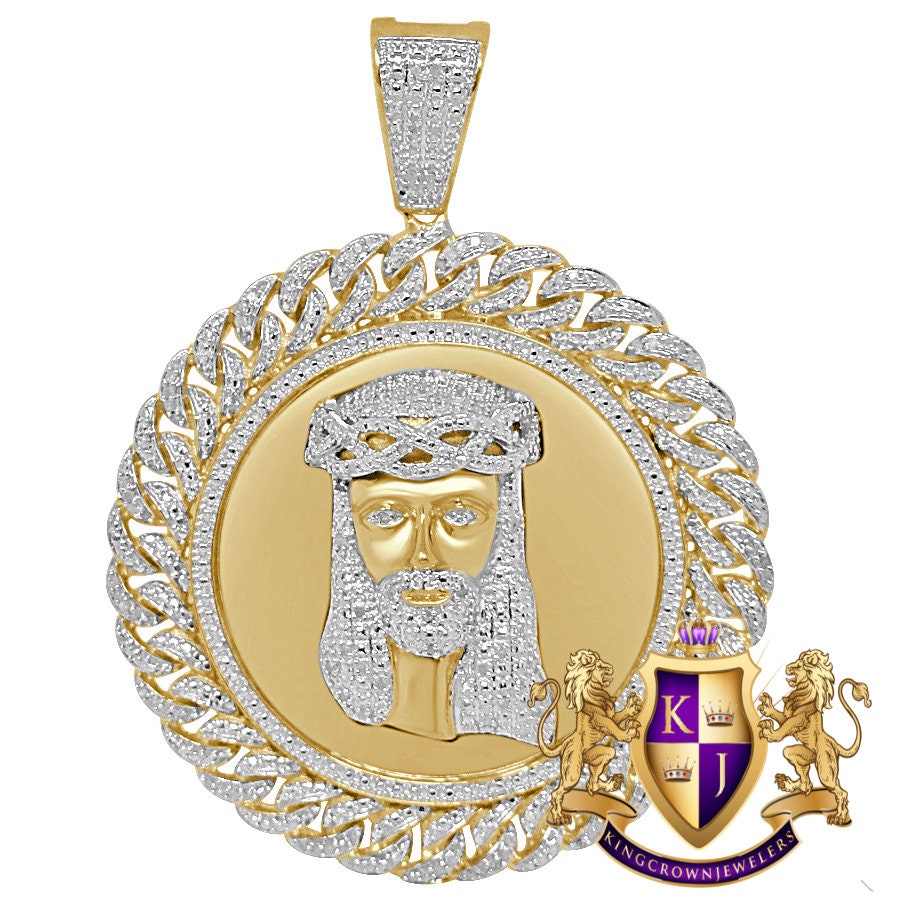 Mens Real Genuine Diamond Miami Cuban Jesus Face Round Medallion Charm 10K Gold Finish Pendent