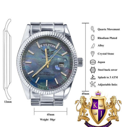 Men's MOP  Dial  14K White Gold Tone Day/Date Function Solid Steel Back Water Resistance Metal Band Watch