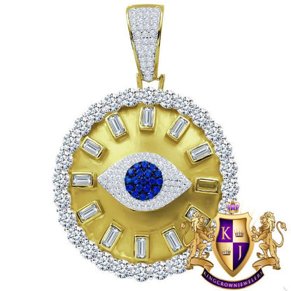 Baguette 14K Gold On Real Italian Sterling Silver Simulated Diamond Evil Eye Custom Pendent  Charm Medallion 2''
