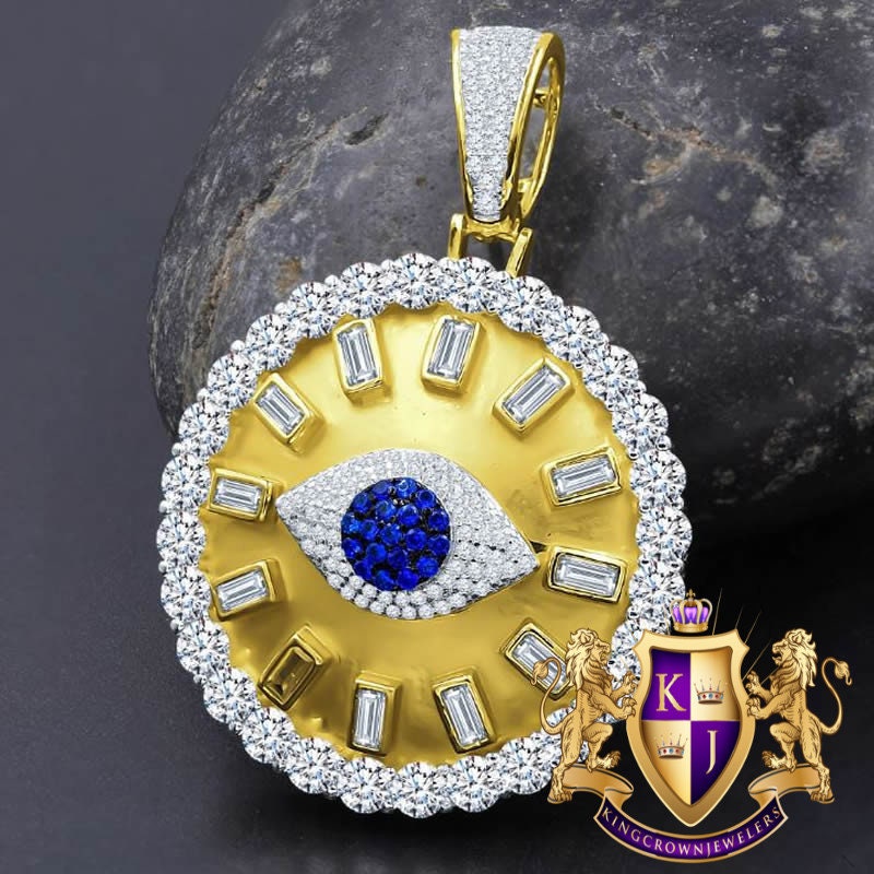 Baguette 14K Gold On Real Italian Sterling Silver Simulated Diamond Evil Eye Custom Pendent  Charm Medallion 2''
