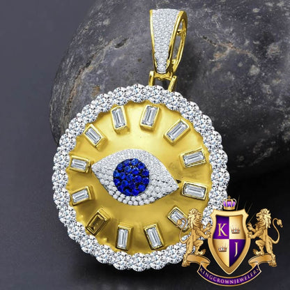 Baguette 14K Gold On Real Italian Sterling Silver Simulated Diamond Evil Eye Custom Pendent  Charm Medallion 2''