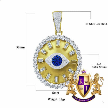 Baguette 14K Gold On Real Italian Sterling Silver Simulated Diamond Evil Eye Custom Pendent  Charm Medallion 2''