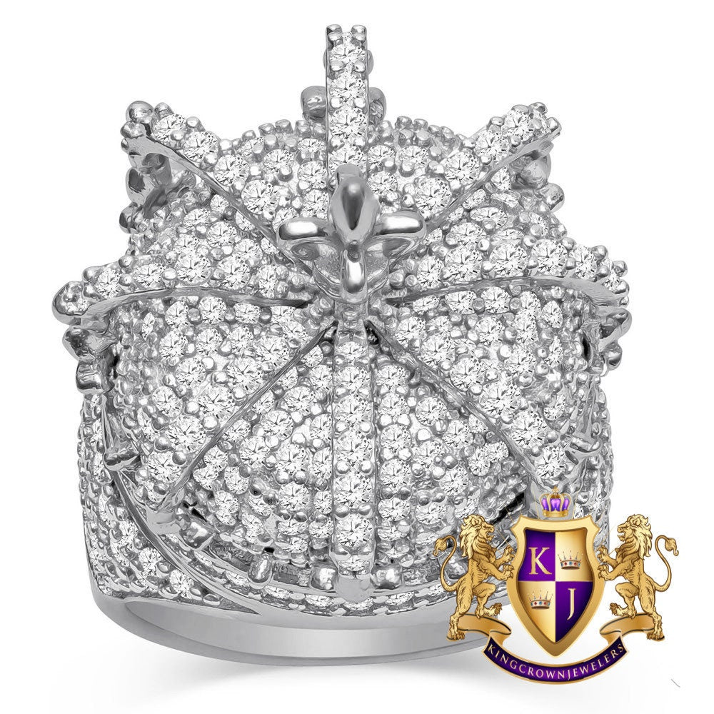 Mens Big XL Real White Gold Over Genuine Sterling Silver Kings Crown Pinky Ring Simulated Diamond Band