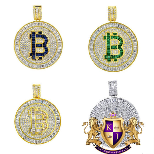 Real Italian Sterling Silver  Baguette Simulated Diamonds 14K Gold Finish Bitcoin Money Round Pendant Charm Unisex
