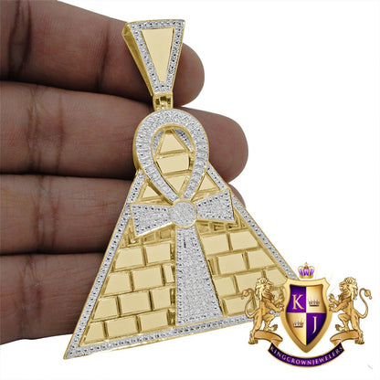 Real Genuine Diamond 0.50 Cwt. 10K Gold Finish Egyptian Pyramid Ankh Cross Charm Pendant 2.75''