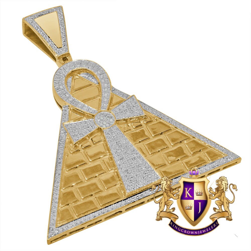Real Genuine Diamond 0.50 Cwt. 10K Gold Finish Egyptian Pyramid Ankh Cross Charm Pendant 2.75''